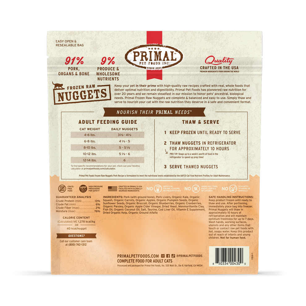 Primal Raw Frozen Pork Formula Nuggets For Cats