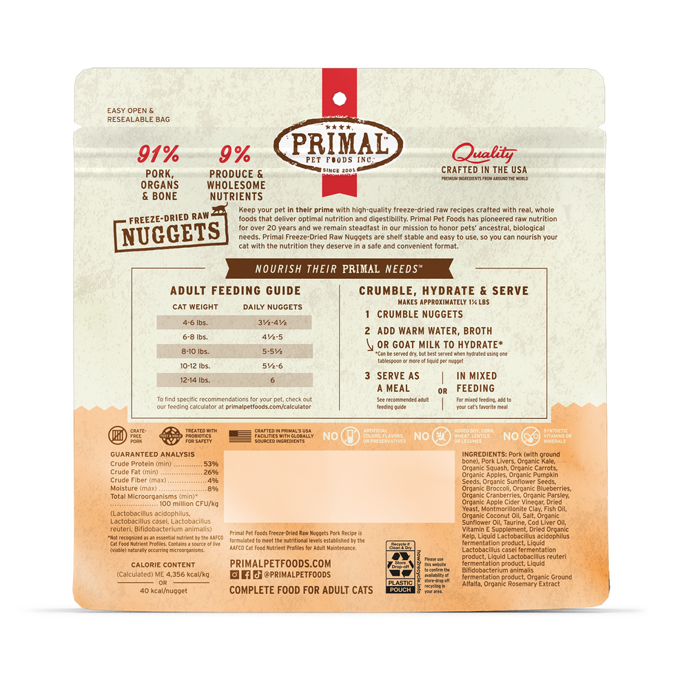 Primal Freeze-Dried Nuggets Grain Free Pork Formula Complete Diet Cat Food