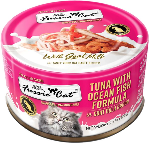 Fussie Cat Tuna with Ocean Fish in Goat Milk Gravy Shredded Canned Cat Food